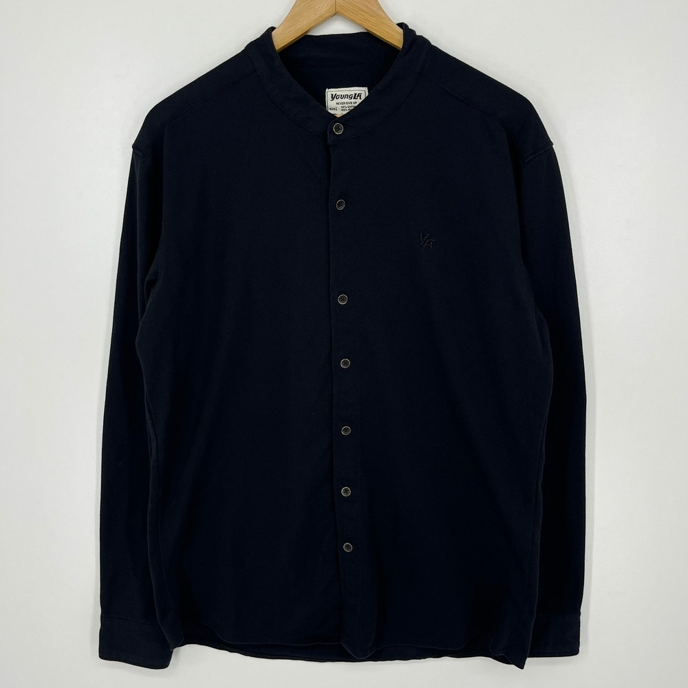 YoungLA Mens XL Black Mandarin Collar Long Sleeve Button Down Shirt